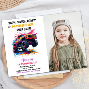 Pink Monster Truck Birthday Invitations Photo
