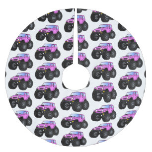 Pink monster truck cartoon illustration  brushed polyester tree skirt