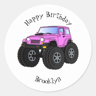 Pink monster truck cartoon illustration  classic round sticker