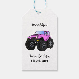 Pink monster truck cartoon illustration gift tags