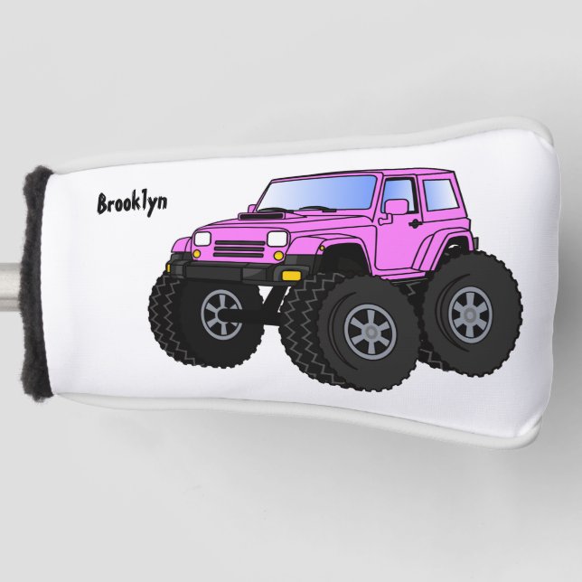 Pink monster truck cartoon illustration golf head cover (Front)
