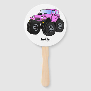 Pink monster truck cartoon illustration hand fan