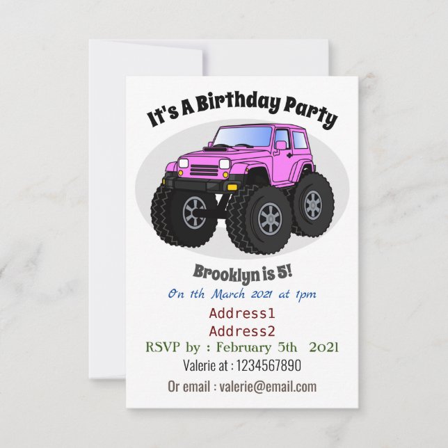 Pink monster truck cartoon illustration invitation (Front)