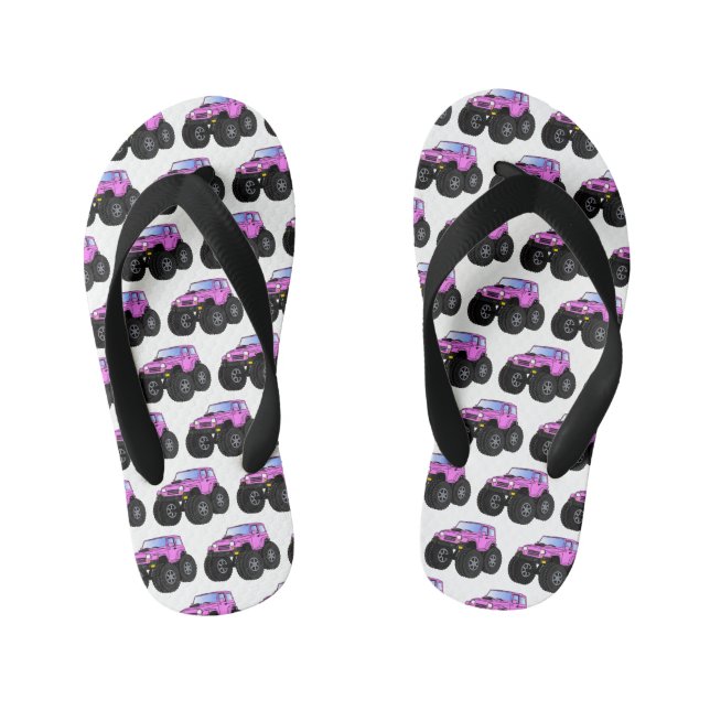 Pink monster truck cartoon illustration  kid's flip flops (Footbed)
