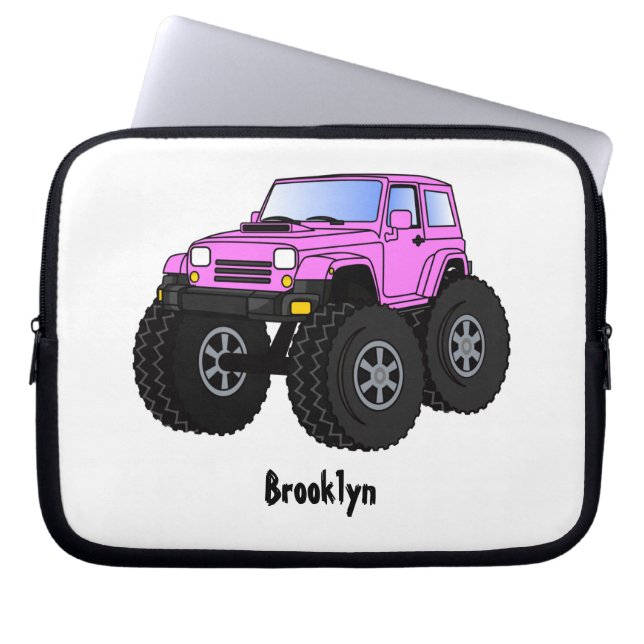 Pink monster truck cartoon illustration laptop sleeve (Front)