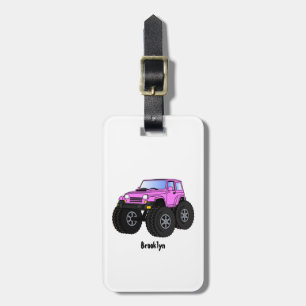 Pink monster truck cartoon illustration luggage tag