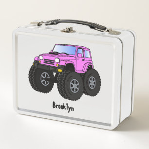 Pink monster truck cartoon illustration metal lunch box