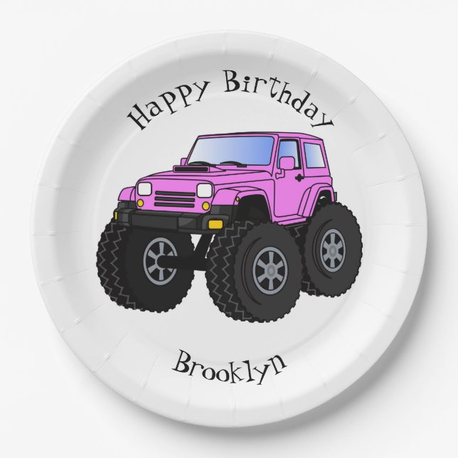 Pink monster truck cartoon illustration paper plate (Front)