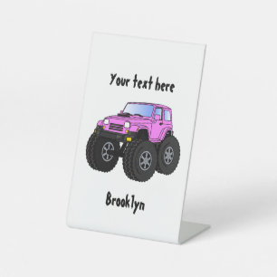Pink monster truck cartoon illustration  pedestal sign