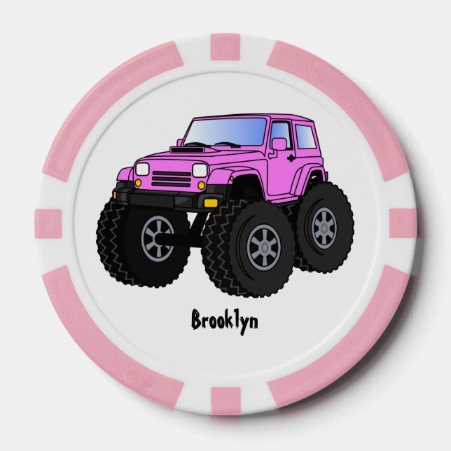 Pink monster truck cartoon illustration poker chips (Front)