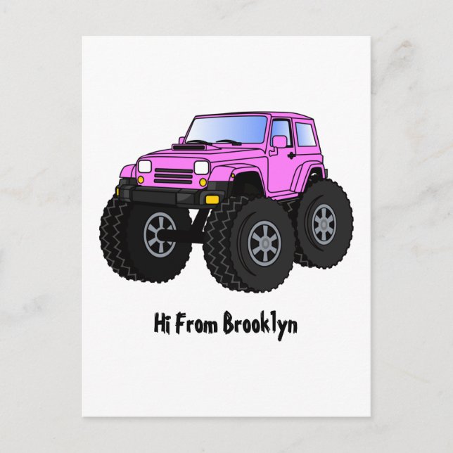 Pink monster truck cartoon illustration postcard (Front)
