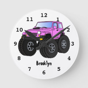 Pink monster truck cartoon illustration round clock