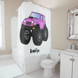 Pink monster truck cartoon illustration shower curtain