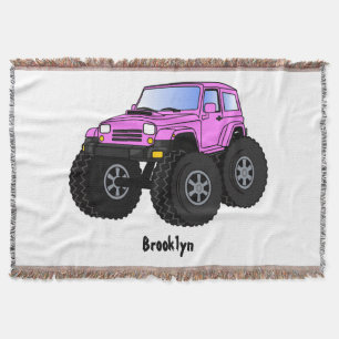 Pink monster truck cartoon illustration throw blanket