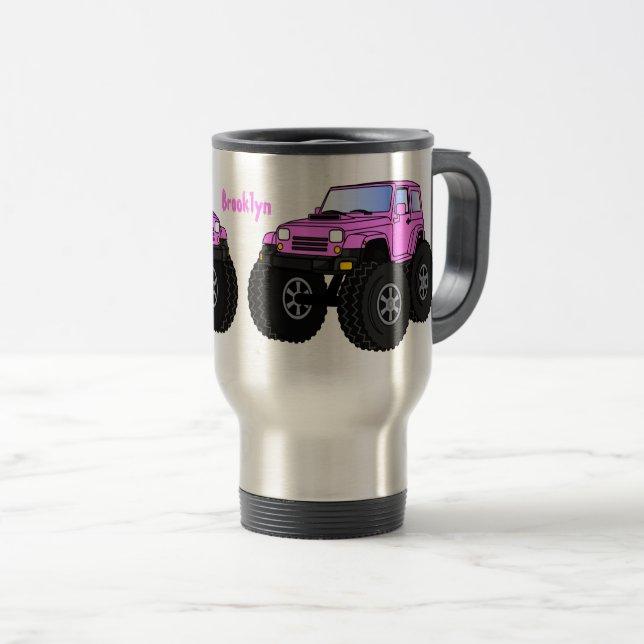 Pink monster truck cartoon illustration  travel mug (Front Right)
