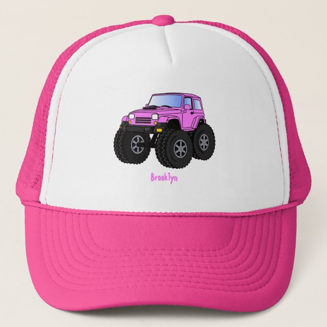 Pink monster truck cartoon illustration  trucker hat (Front)