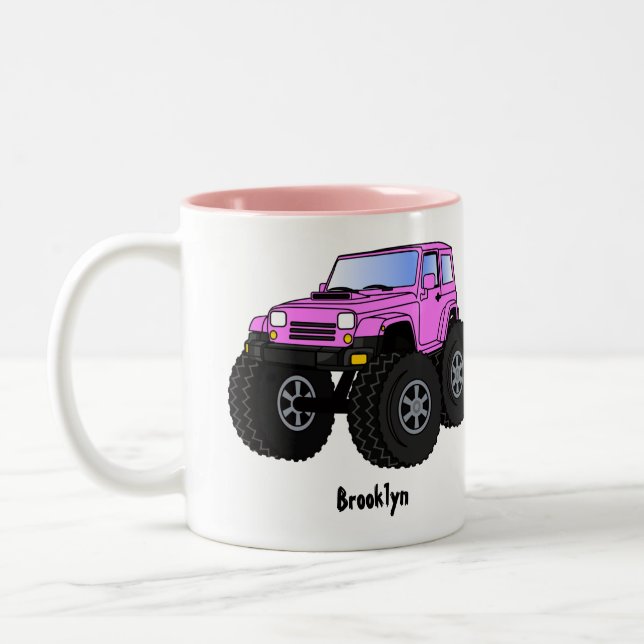 Pink monster truck cartoon illustration Two-Tone coffee mug (Left)