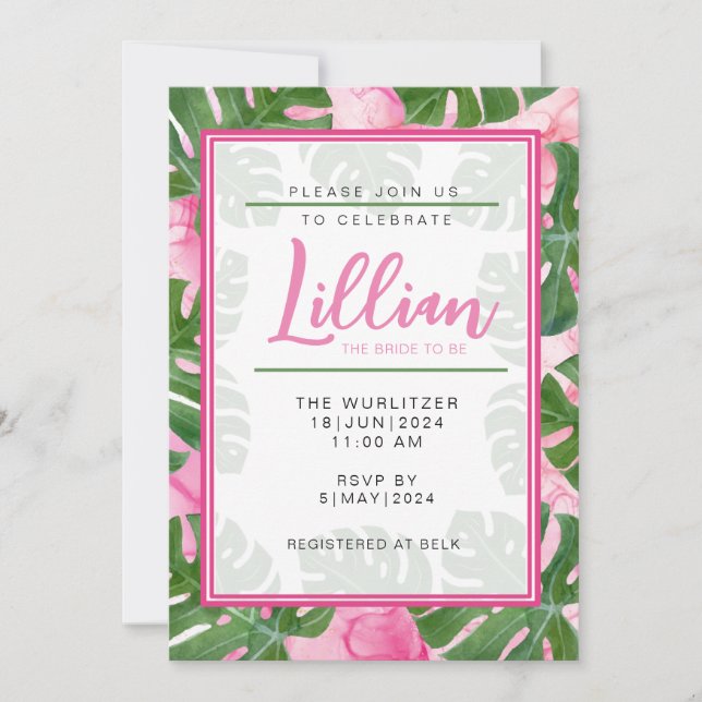 Pink Monstera Bridal Shower Invitation (Front)