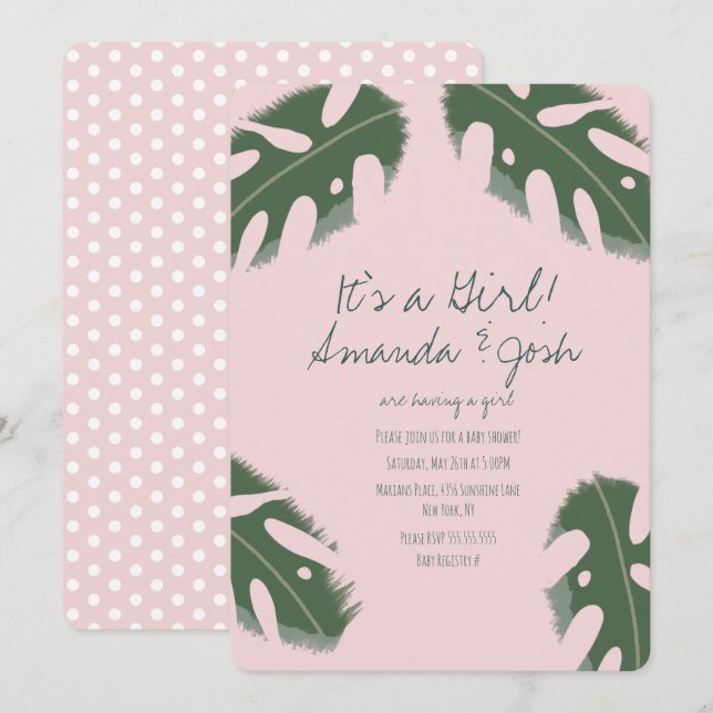 Pink Monstera Tropical Dots Girls Baby Shower Invitation (Front/Back)