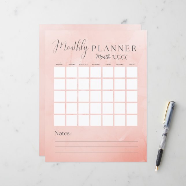 Pink Monthly Calendar and Budget (Front/Back In Situ)