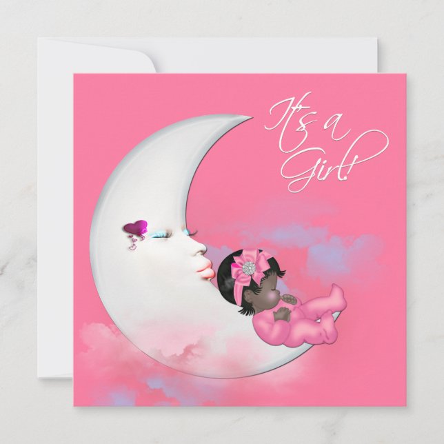 Pink Moon African American Baby Girl Shower Invitation (Front)