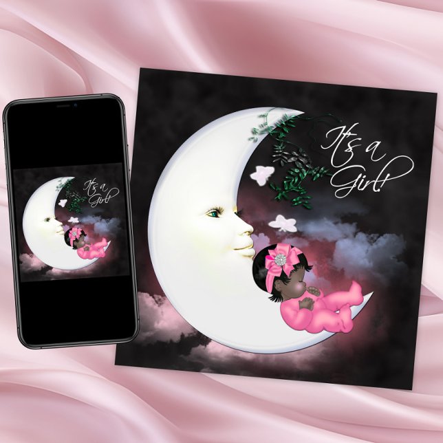 Pink Moon African American Baby Girl Shower Invitation (Cute moon baby shower invitation. Instant download and printed invitations available.)