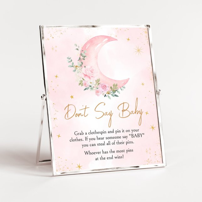 Pink Moon and Stars Baby Shower Don't Say Baby Poster (Twinkle Little Star Baby Shower Don't Say Baby Sign)