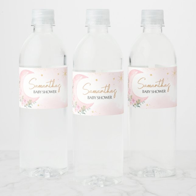 Pink Moon and Stars Baby Shower  Water Bottle Label (Bottles)