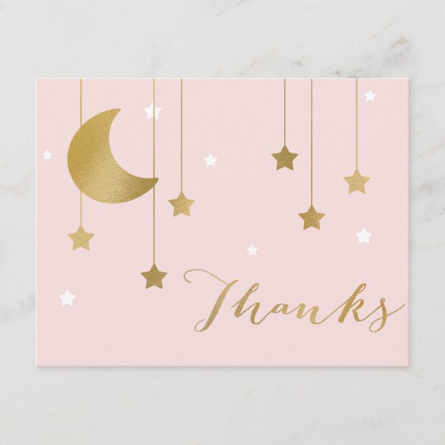 Pink Moon and Stars Flat Thank You Note Enclosure Card (Front)