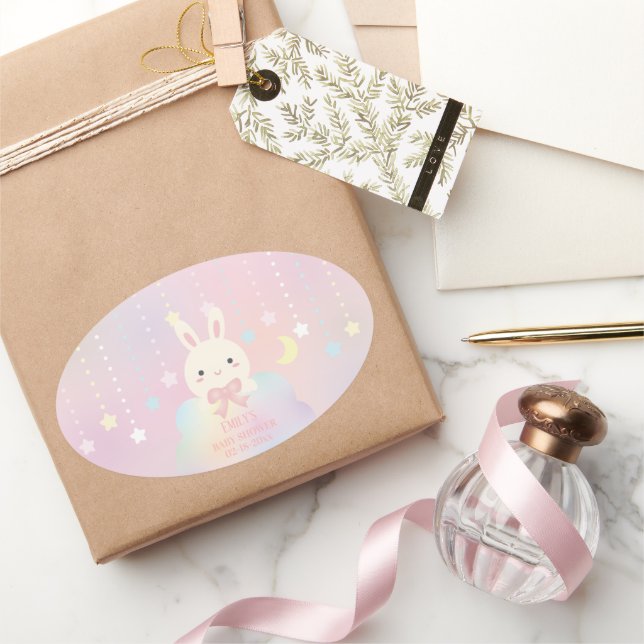 Pink Moon and Stars Little Bunny Girl Baby Shower Oval Sticker (Gifting)
