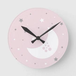 Pink Moon and Stars Round Clock