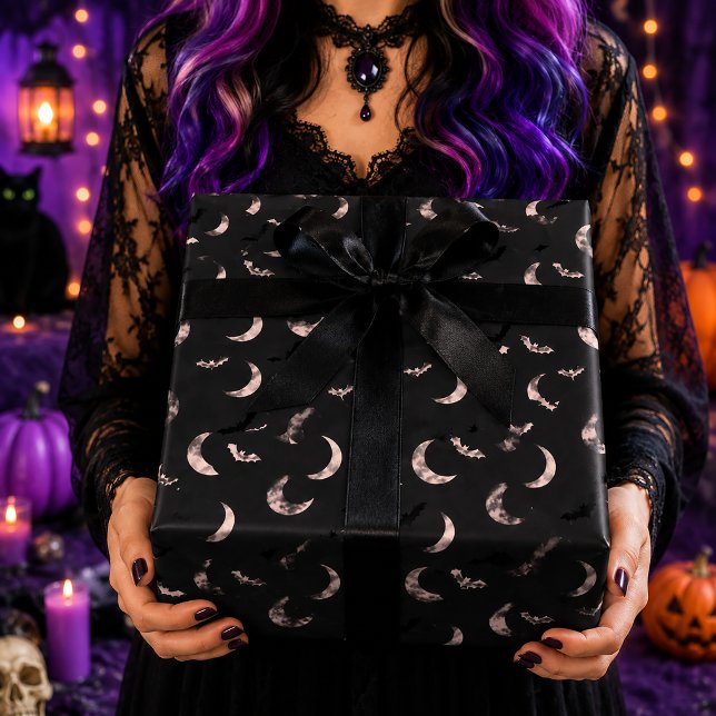 Pink Moon Bats Celestial Halloween Pattern Wrapping Paper (Creator Uploaded)