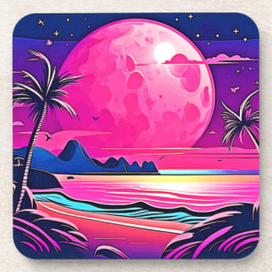 Pink Moon Beachscape Art Coaster