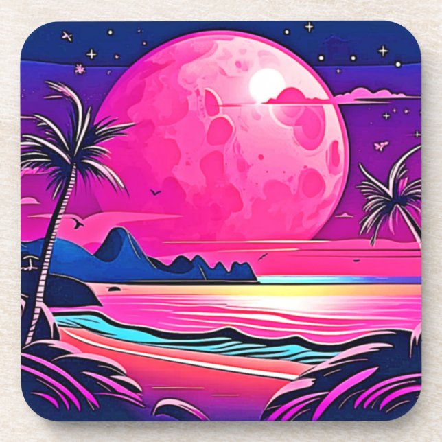  Pink Moon Beachscape Art Coaster (Front)