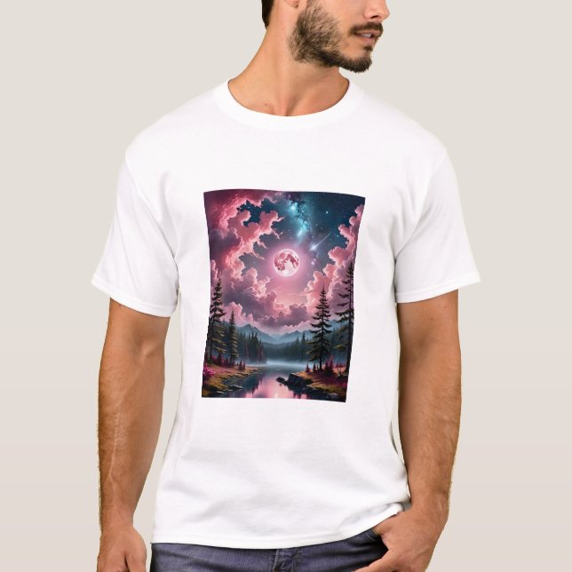 Pink Moon Fantasy Dreamy Night Sky Landscape Tee (Front)