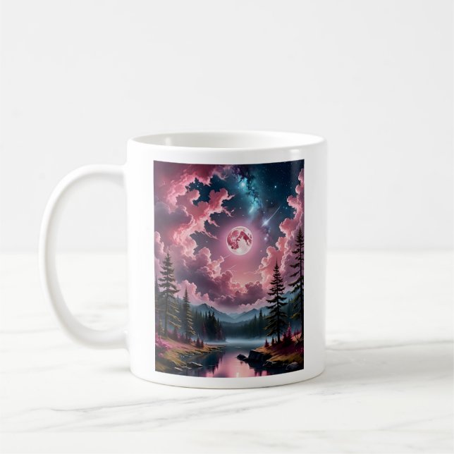 Pink Moon Fantasy Dreamy Night Sky Landscape Tee Coffee Mug (Left)