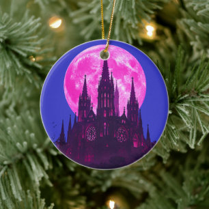 Pink Moon Gothic Cathedral Ceramic Tree Decoration