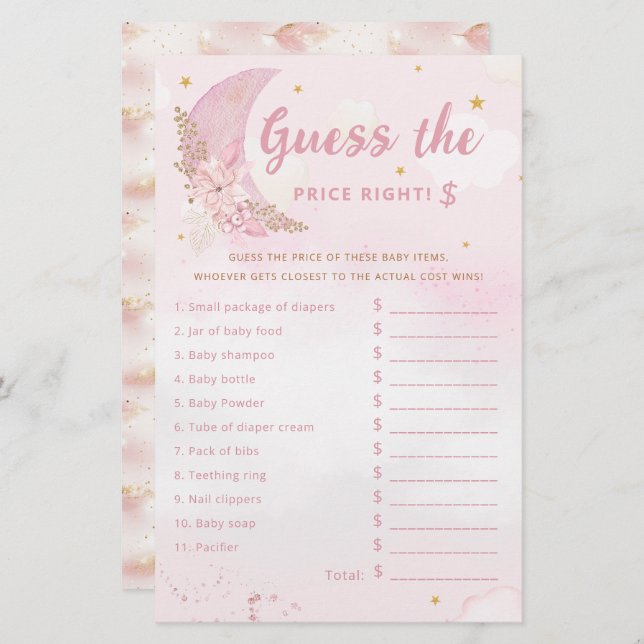 Pink Moon Guess The Price Right Baby Shower Game (Front/Back)