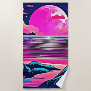 Pink Moon Neon Beachscape Beach Towel
