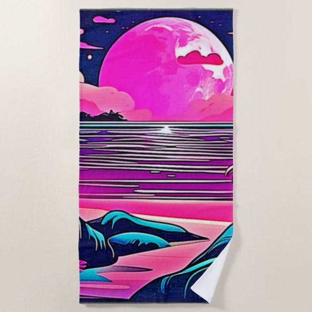 Pink Moon Neon Beachscape Beach Towel (Front)