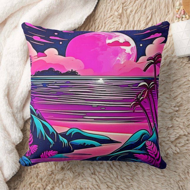 Pink Moon Neon Beachscape Cushion (Blanket)