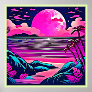 Pink Moon Neon Beachscape Poster