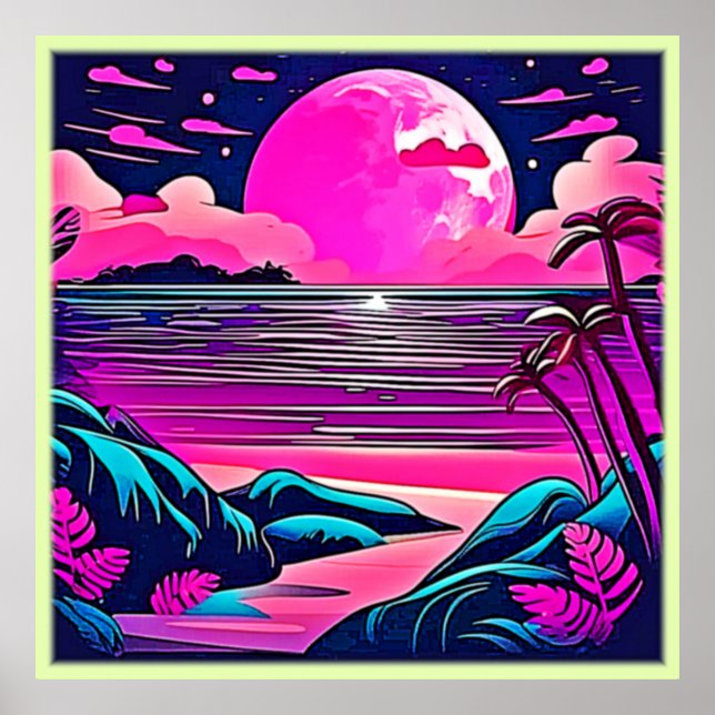 Pink Moon Neon Beachscape Poster (Front)