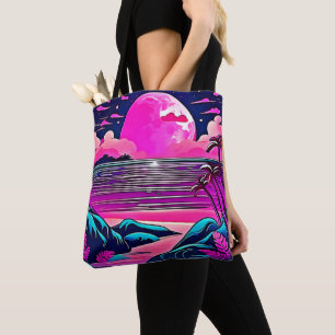 Pink Moon Neon Beachscape Tote Bag