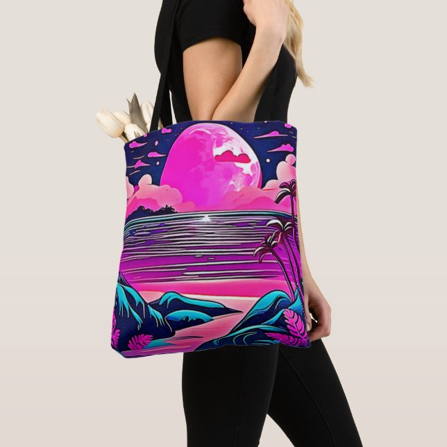 Pink Moon Neon Beachscape Tote Bag (Close Up)