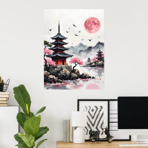 Pink Moon over Pagoda Poster