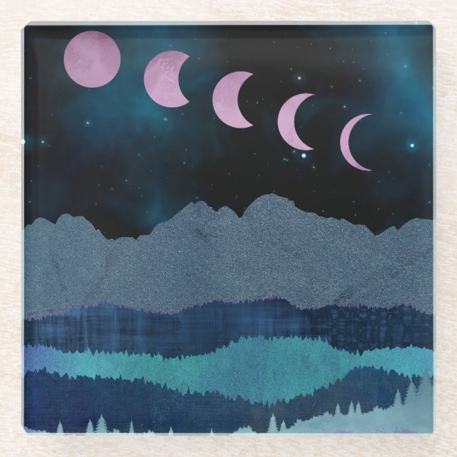 Pink Moon Phases Landscape Glass Coaster (Front)