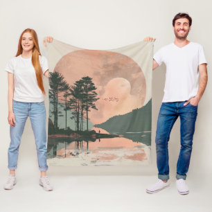Pink Moon Sage Mountain Forest Lake Landscape Fleece Blanket