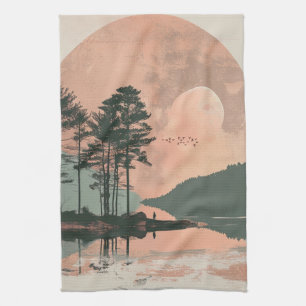 Pink Moon Sage Mountain Forest Lake Landscape Tea Towel