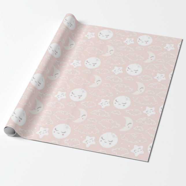 Pink Moon Stars And Clouds Baby Shower Pattern Wrapping Paper (Unrolled)